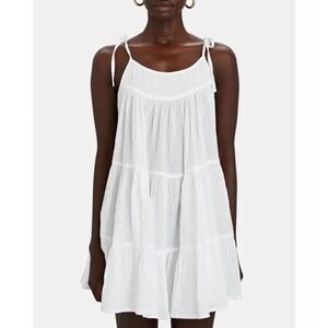 White Peri Tiered Cotton Tie Shoulder Mini Shift Coverup Dress